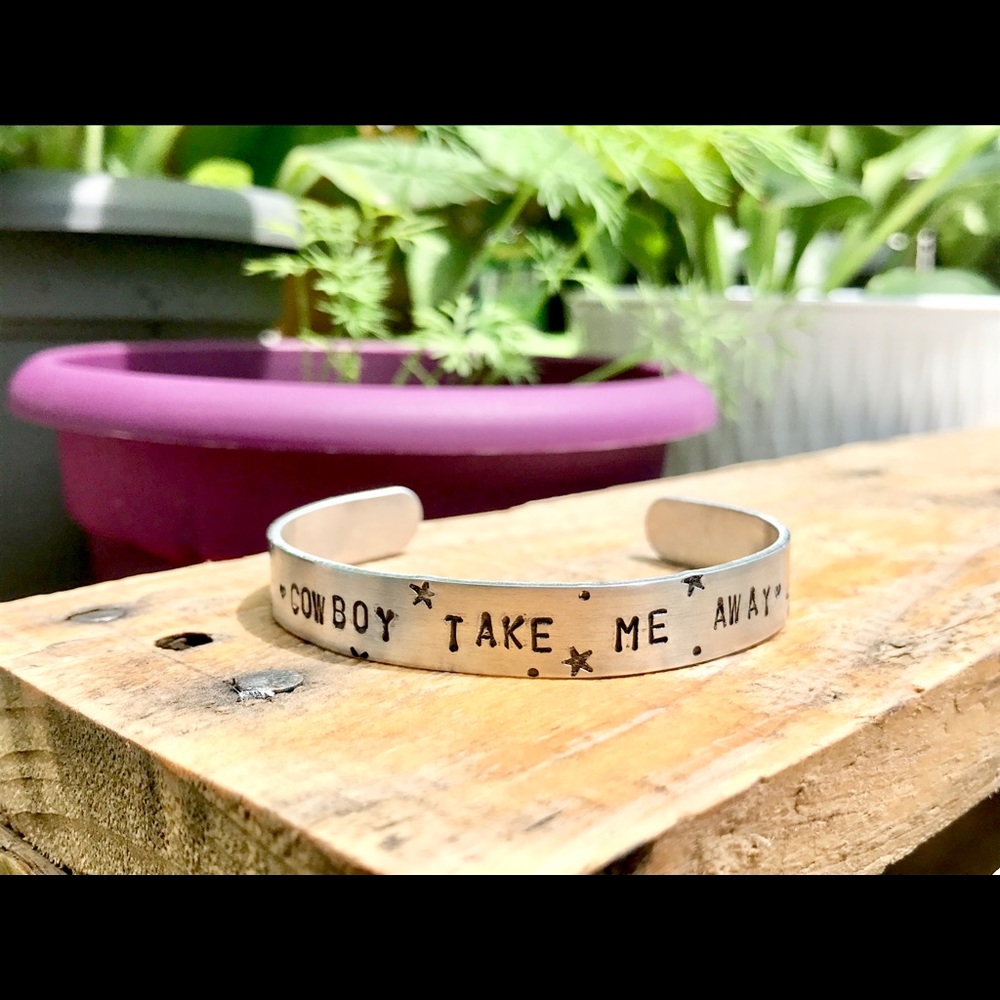 Hand stamped adjustable metal cuff bracelet